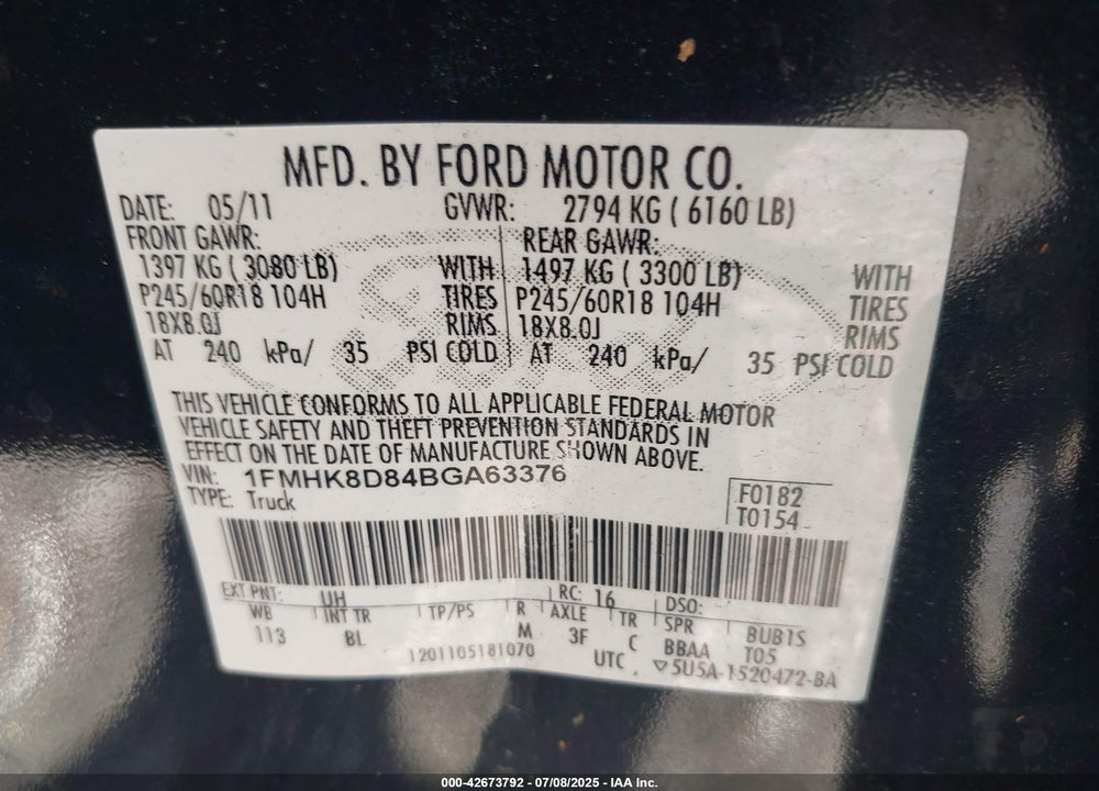 2011 FORD EXPLORER VIN: 1FMHK8D84BGA63376