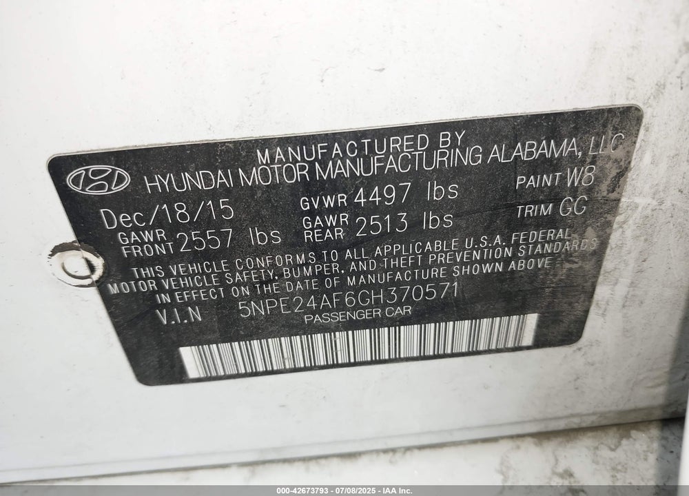 2016 HYUNDAI SONATA VIN: 5NPE24AF6GH370571