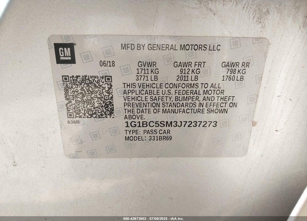 2018 CHEVROLET CRUZE VIN: 1G1BC5SM3J7237273