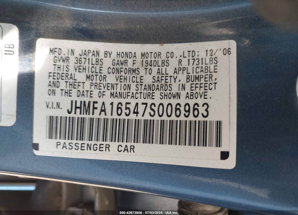 2007 HONDA CIVIC LX VIN: JHMFA16547S006963
