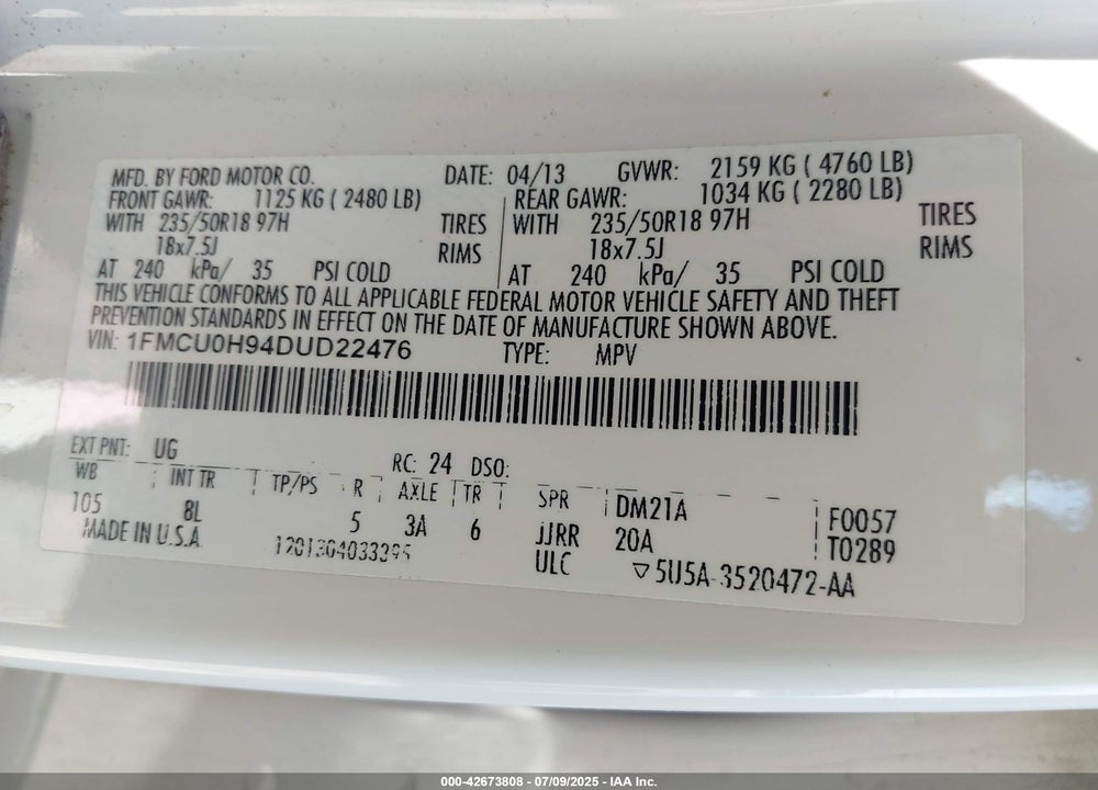 2013 FORD ESCAPE VIN: 1FMCU0H94DUD22476