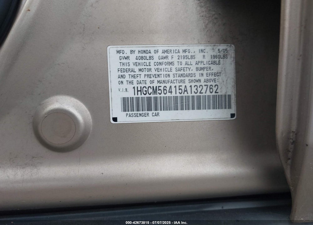 2005 HONDA ACCORD 2.4 LX VIN: 1HGCM56415A132762