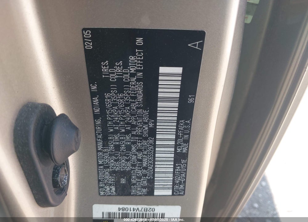 2005 TOYOTA SIENNA VIN: 5TDZA23C65S297382
