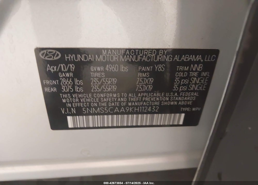 2019 HYUNDAI SANTA FE VIN: 5NMS5CAA9KH112432