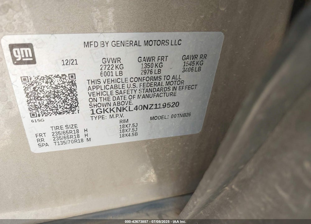 2022 GMC ACADIA FWD SLE VIN: 1GKKNKL40NZ119520