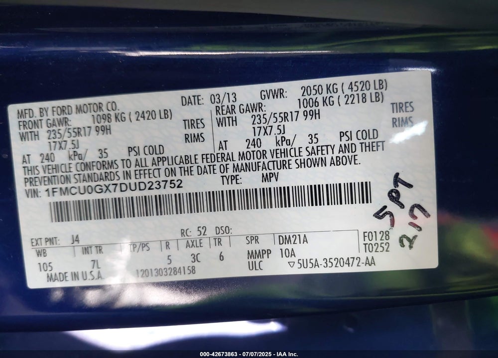 2013 FORD ESCAPE VIN: 1FMCU0GX7DUD23752