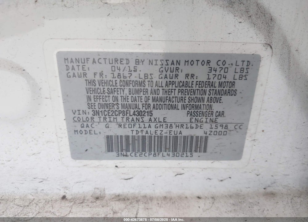 2015 NISSAN VERSA NOTE VIN: 3N1CE2CP8FL430215