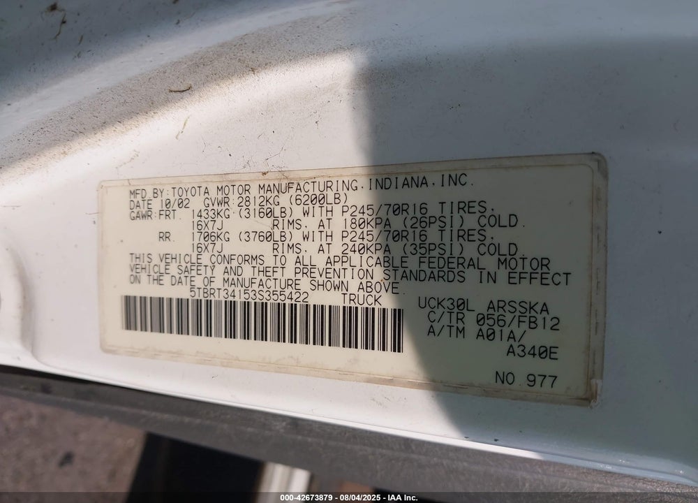 2003 TOYOTA TUNDRA SR5 V8 VIN: 5TBRT34153S355422