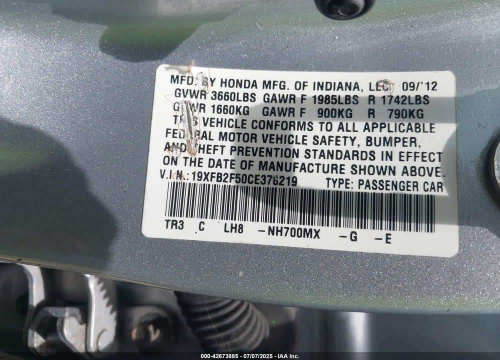 2012 HONDA CIVIC LX VIN: 19XFB2F50CE378219