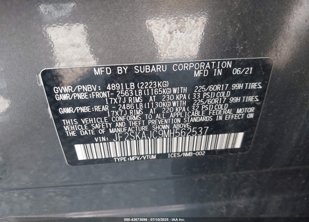 2021 SUBARU FORESTER VIN: JF2SKAJC9MH562537