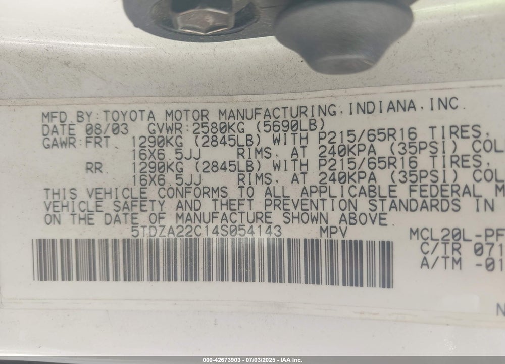 2004 TOYOTA SIENNA XLE VIN: 5TDZA22C14S054143