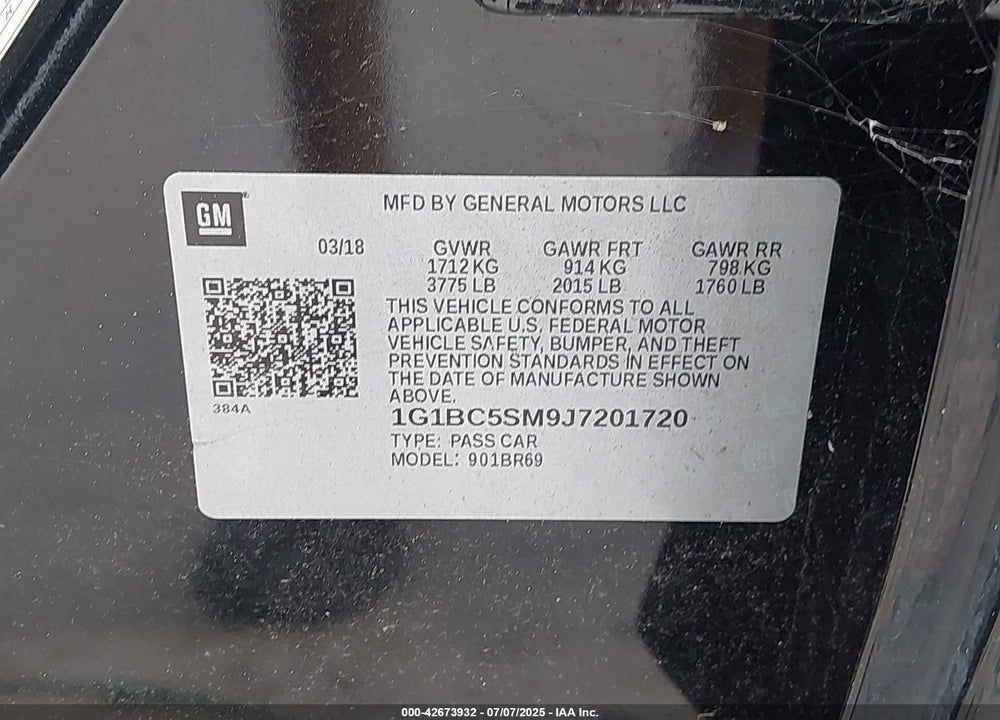 2018 CHEVROLET CRUZE VIN: 1G1BC5SM9J7201720