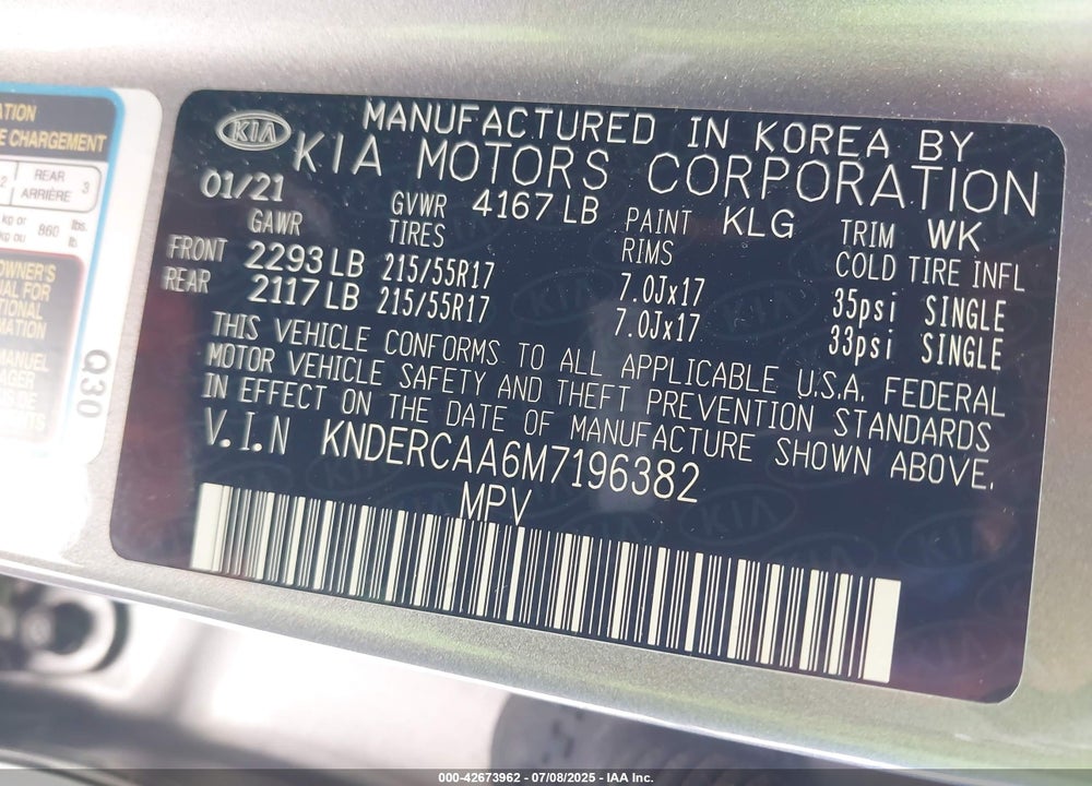 2021 KIA SELTOS VIN: KNDERCAA6M7196382