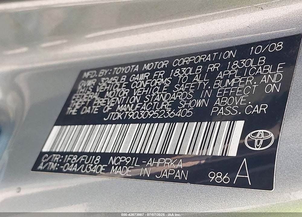 2009 TOYOTA YARIS VIN: JTDKT903095236405
