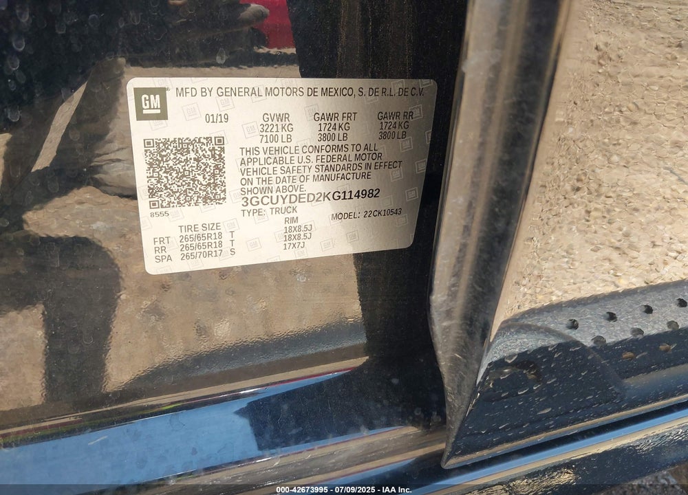 2019 CHEVROLET SILVERADO 1500 VIN: 3GCUYDED2KG114982
