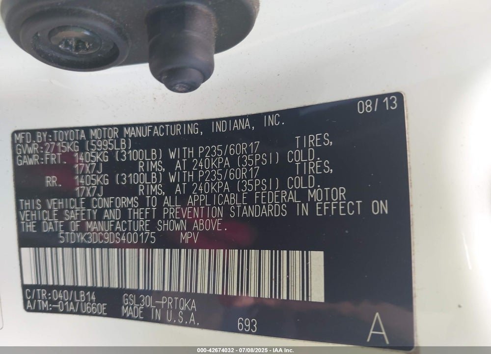 2013 TOYOTA SIENNA VIN: 5TDYK3DC9DS400175