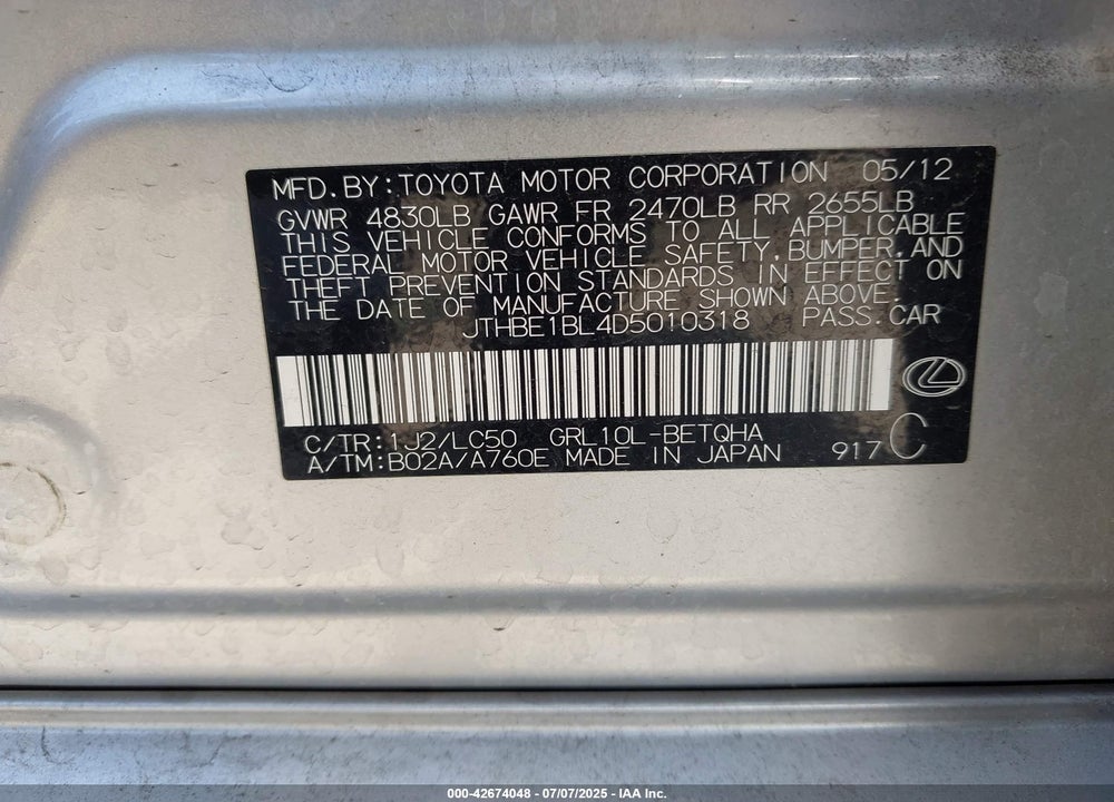 2013 LEXUS GS350 VIN: JTHBE1BL4D5010318