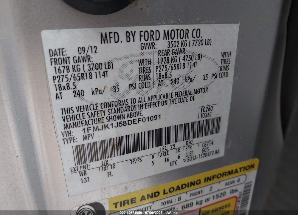 2013 FORD EXPEDITION EL VIN: 1FMJK1J58DEF01091