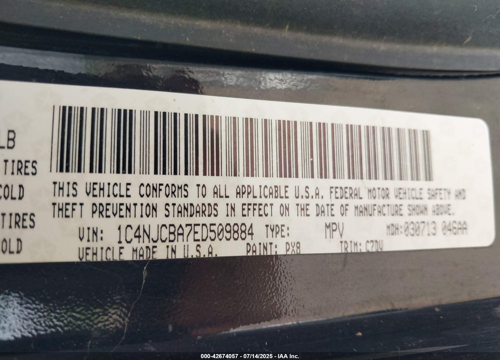 2014 JEEP COMPASS VIN: 1C4NJCBA7ED509884