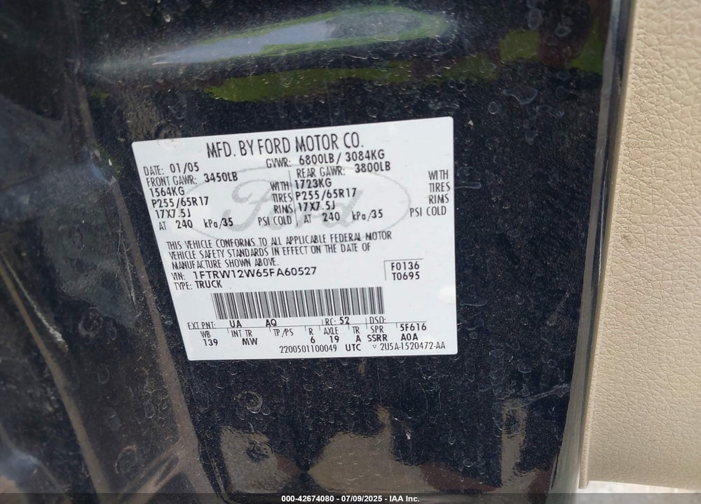 2005 FORD F-150 VIN: 1FTRW12W65FA60527