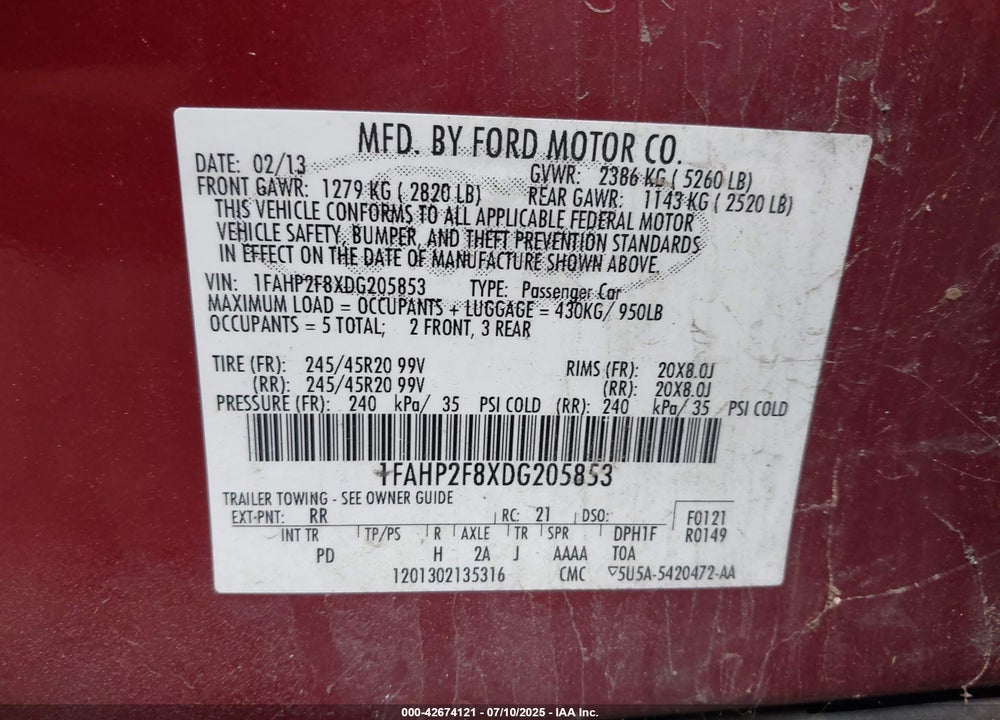 2013 FORD TAURUS VIN: 1FAHP2F8XDG205853