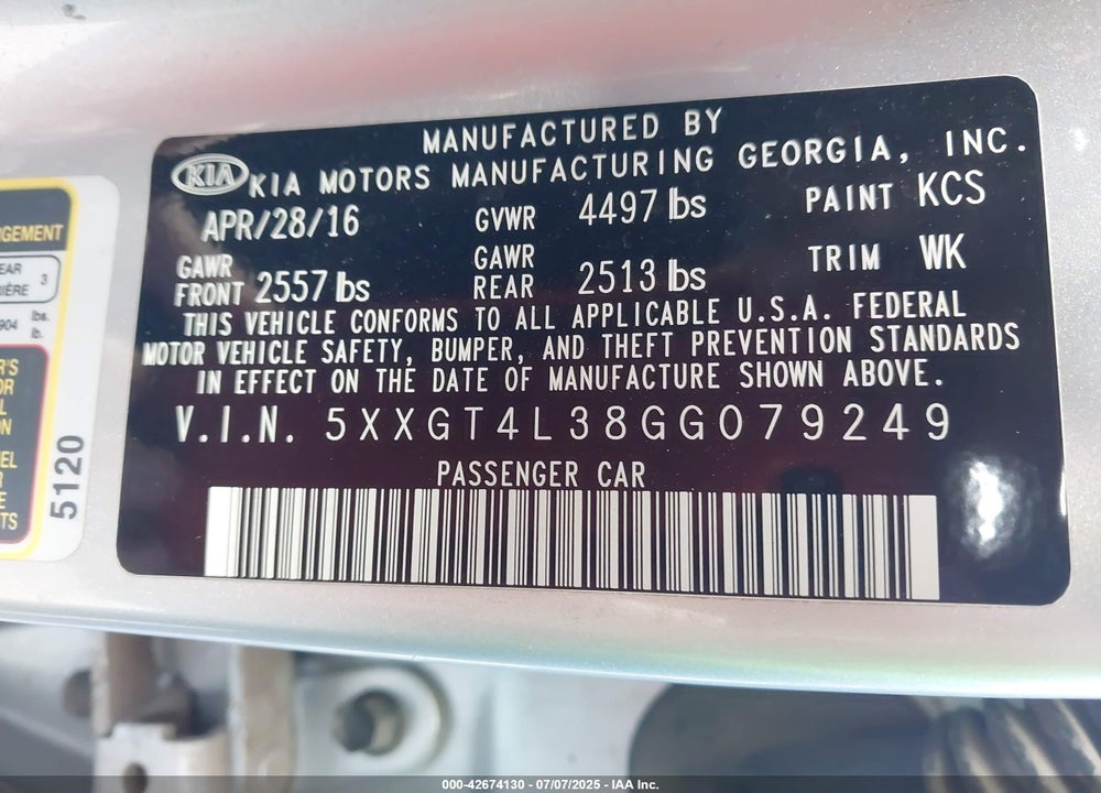 2016 KIA OPTIMA VIN: 5XXGT4L38GG079249