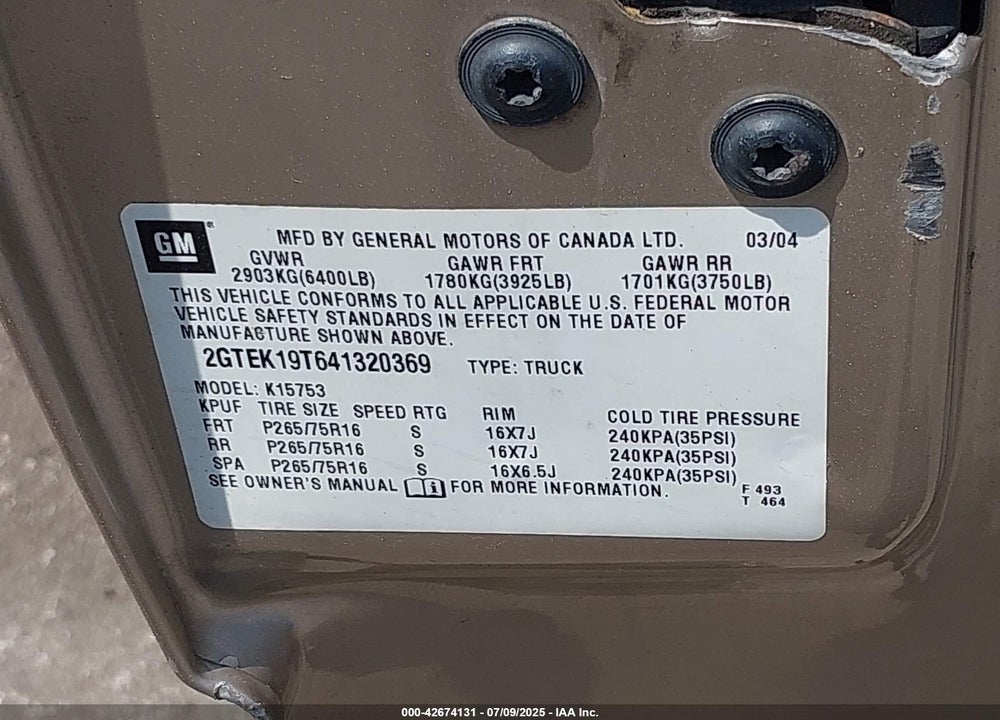 2004 GMC SIERRA 1500 SLE VIN: 2GTEK19T641320369