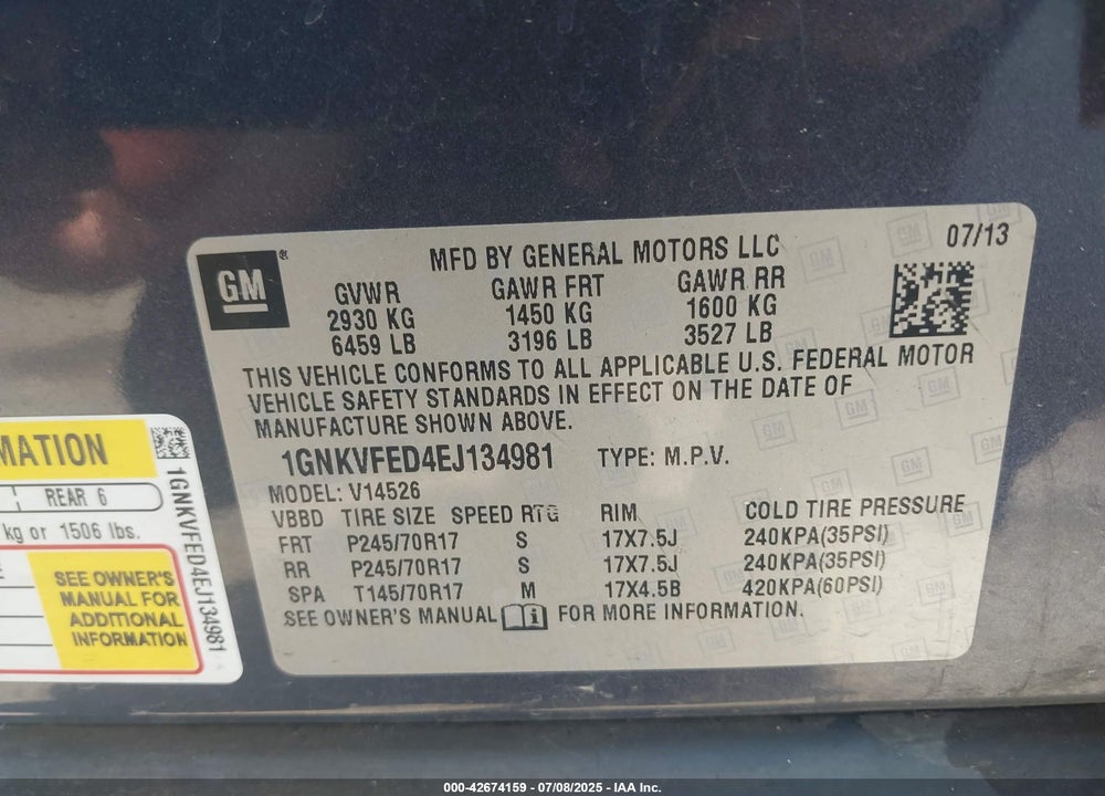 2014 CHEVROLET TRAVERSE VIN: 1GNKVFED4EJ134981