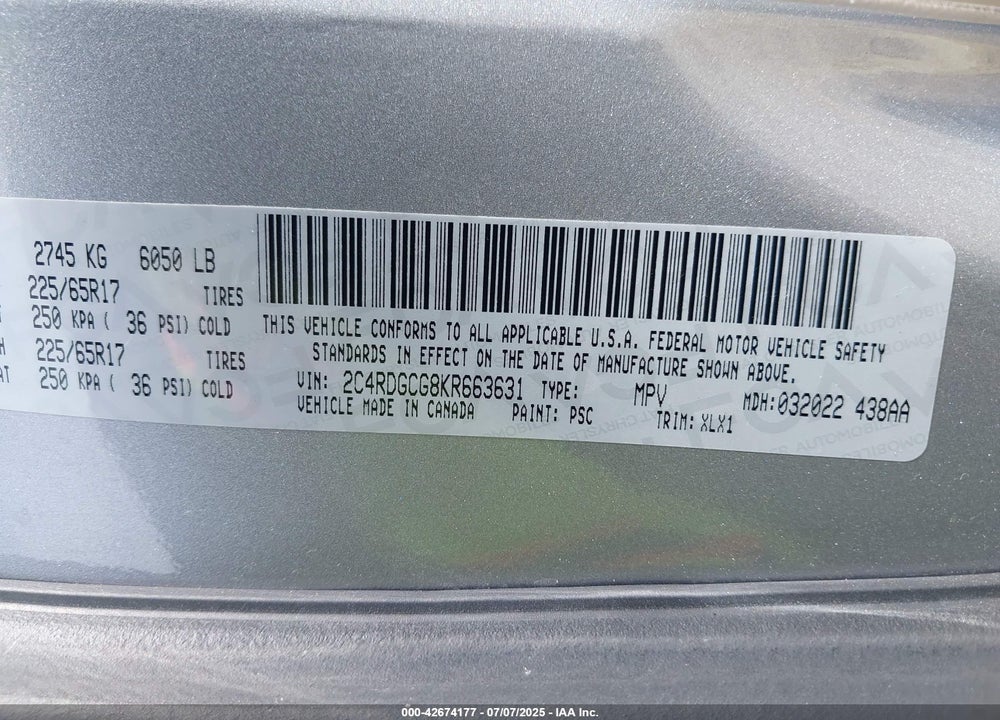2019 DODGE GRAND CARAVAN VIN: 2C4RDGCG8KR663631