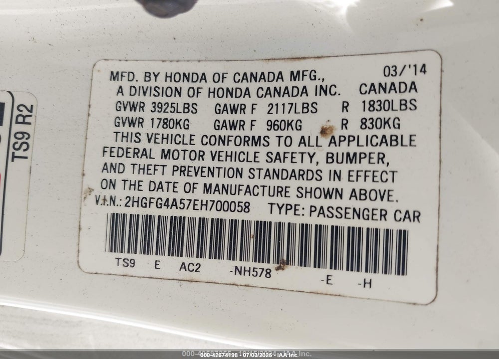 2014 HONDA CIVIC VIN: 2HGFG4A57EH700058