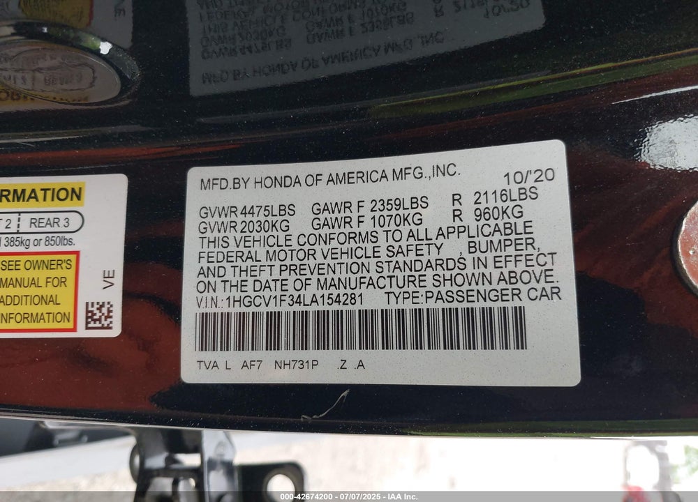2020 HONDA ACCORD VIN: 1HGCV1F34LA154281
