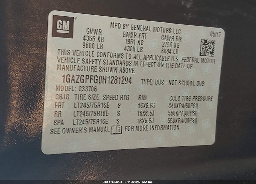 2017 CHEVROLET EXPRESS 3500 LT VIN: 1GAZGPFG0H1281294