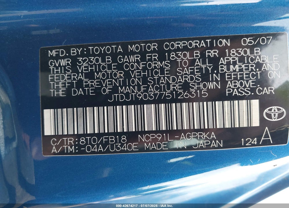 2007 TOYOTA YARIS VIN: JTDJT903775126315