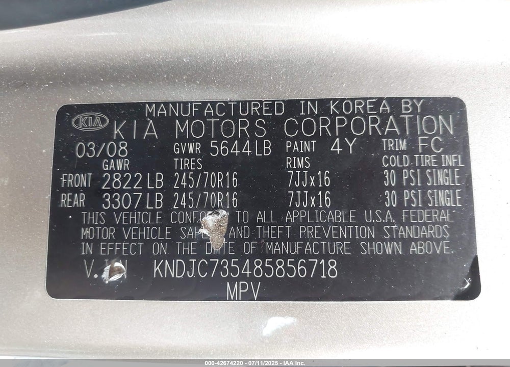 2008 KIA SORENTO LX VIN: KNDJC735485856718