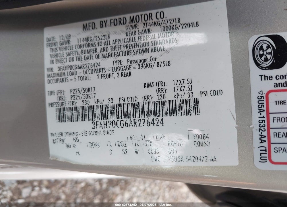 2010 FORD FUSION SEL VIN: 3FAHP0CG6AR276424