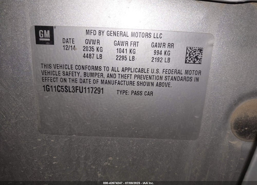 2015 CHEVROLET MALIBU VIN: 1G11C5SL3FU117291