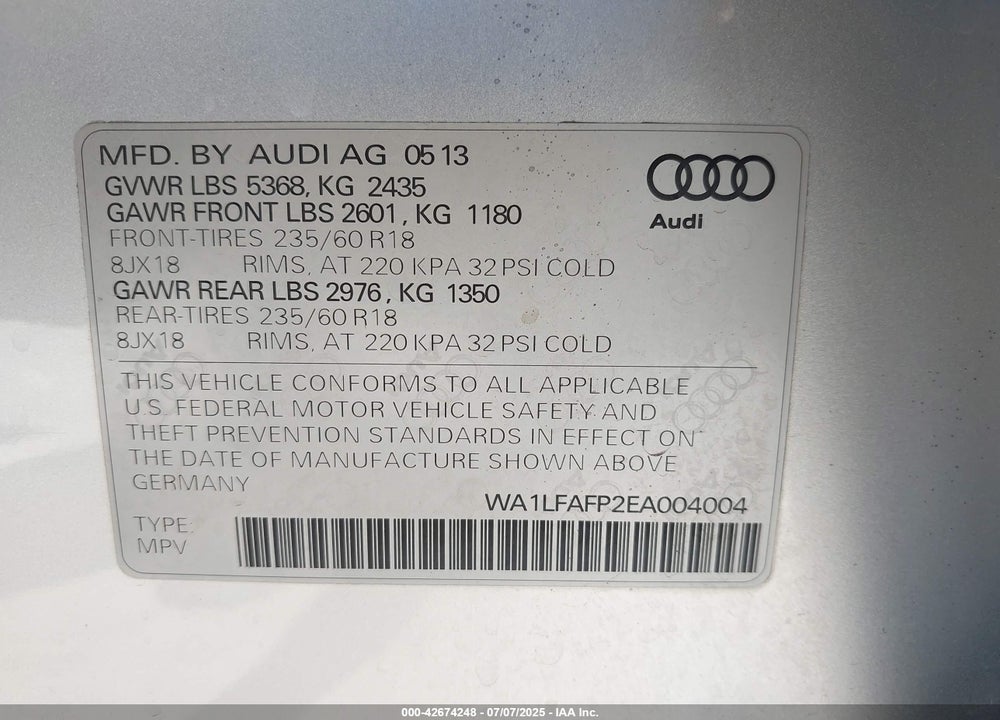 2014 AUDI Q5 VIN: WA1LFAFP2EA004004