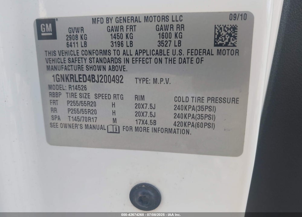 2011 CHEVROLET TRAVERSE VIN: 1GNKRLED4BJ200492