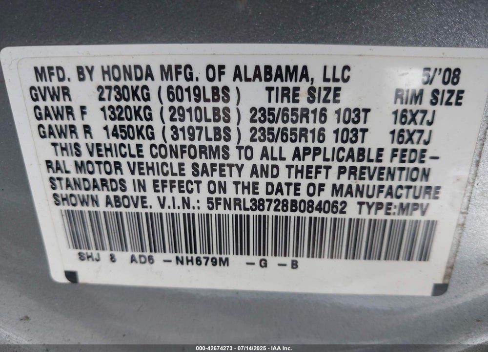 2008 HONDA ODYSSEY VIN: 5FNRL38728B084062
