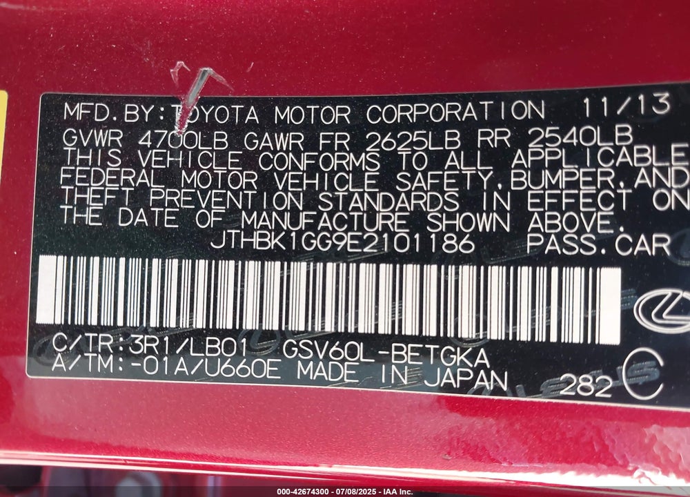 2014 LEXUS ES 350 VIN: JTHBK1GG9E2101186
