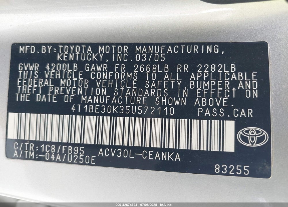 2005 TOYOTA CAMRY LE VIN: 4T1BE30K35U572110