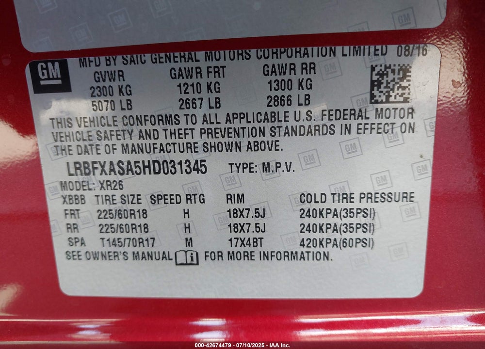 2017 BUICK ENVISION VIN: LRBFXASA5HD031345