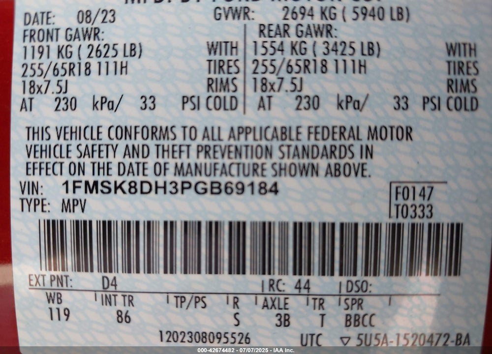 2023 FORD EXPLORER VIN: 1FMSK8DH3PGB69184