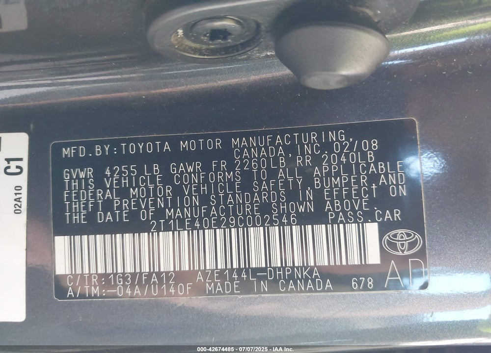 2009 TOYOTA MATRIX VIN: 2T1LE40E29C002546