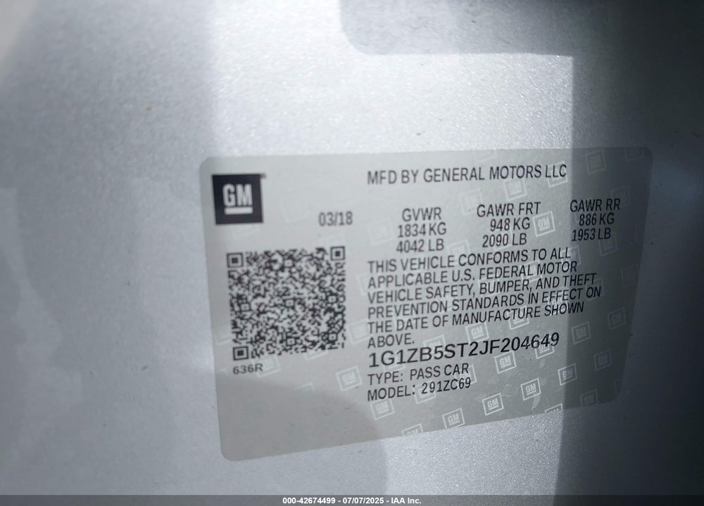 2018 CHEVROLET MALIBU VIN: 1G1ZB5ST2JF204649