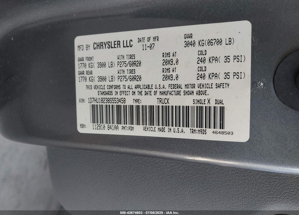 2008 DODGE RAM 1500 VIN: 1D7HU18238S553458