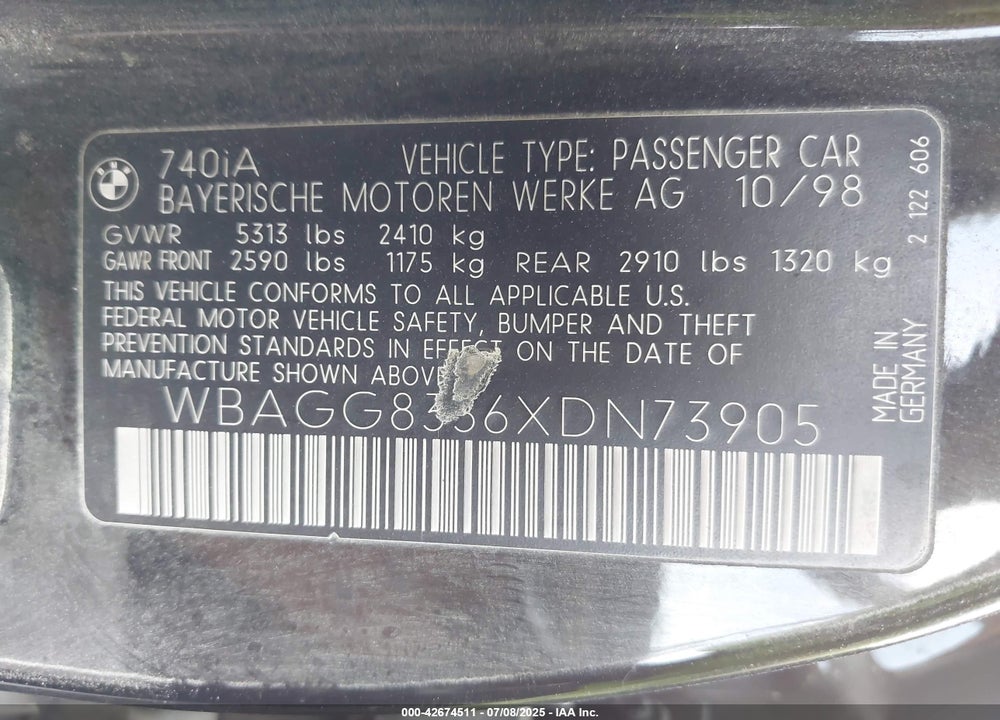 1999 BMW 740IA VIN: WBAGG8336XDN73905
