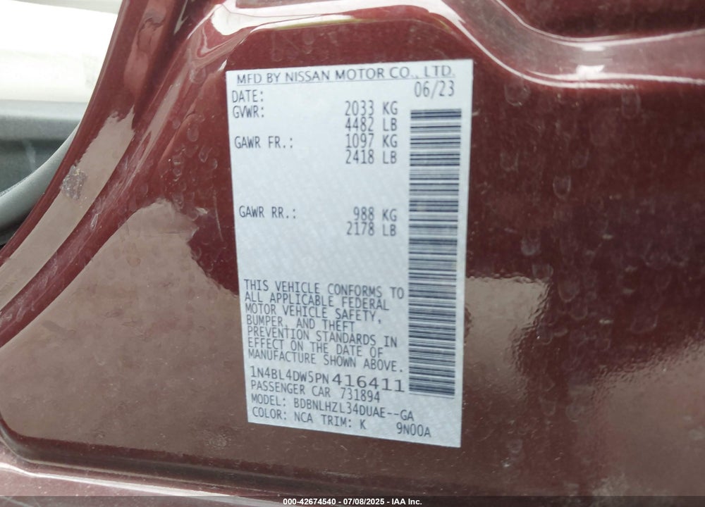 2023 NISSAN ALTIMA VIN: 1N4BL4DW5PN416411