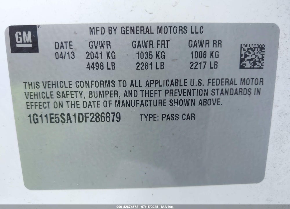 2013 CHEVROLET MALIBU VIN: 1G11E5SA1DF286879