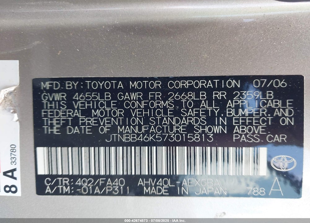2007 TOYOTA CAMRY HYBRID VIN: JTNBB46K573015813